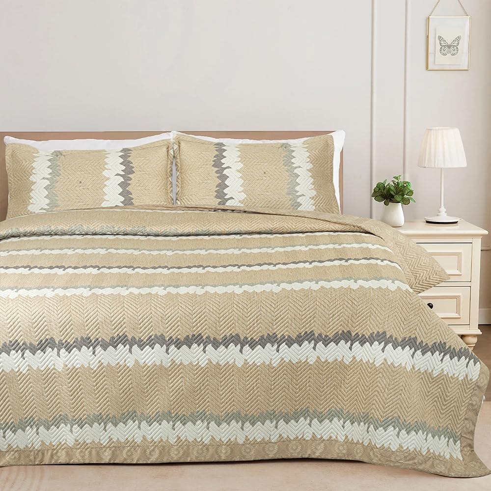 Ochre Stripe Quilted Bed Cover in Ochre Stripe