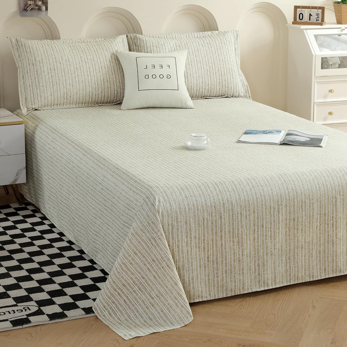 Linen Stripe King Sheet Set in Natural Beige