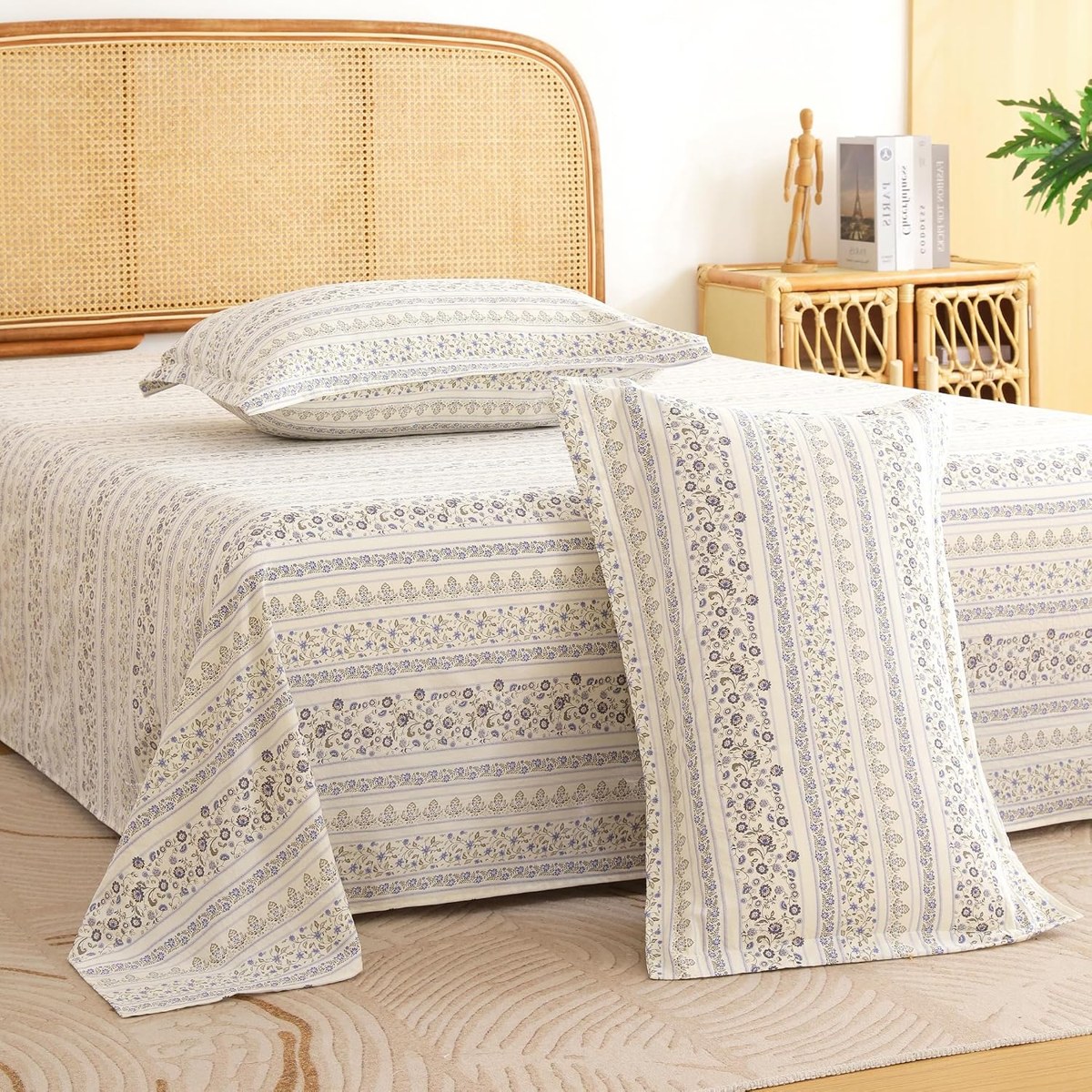 Botanical Stripe Air Sheet Set in White and Blue