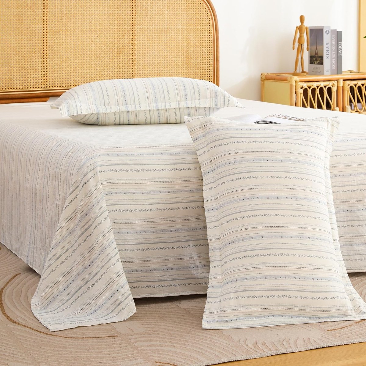 Fine Stripe Air Sheet Set in White and Light Blue