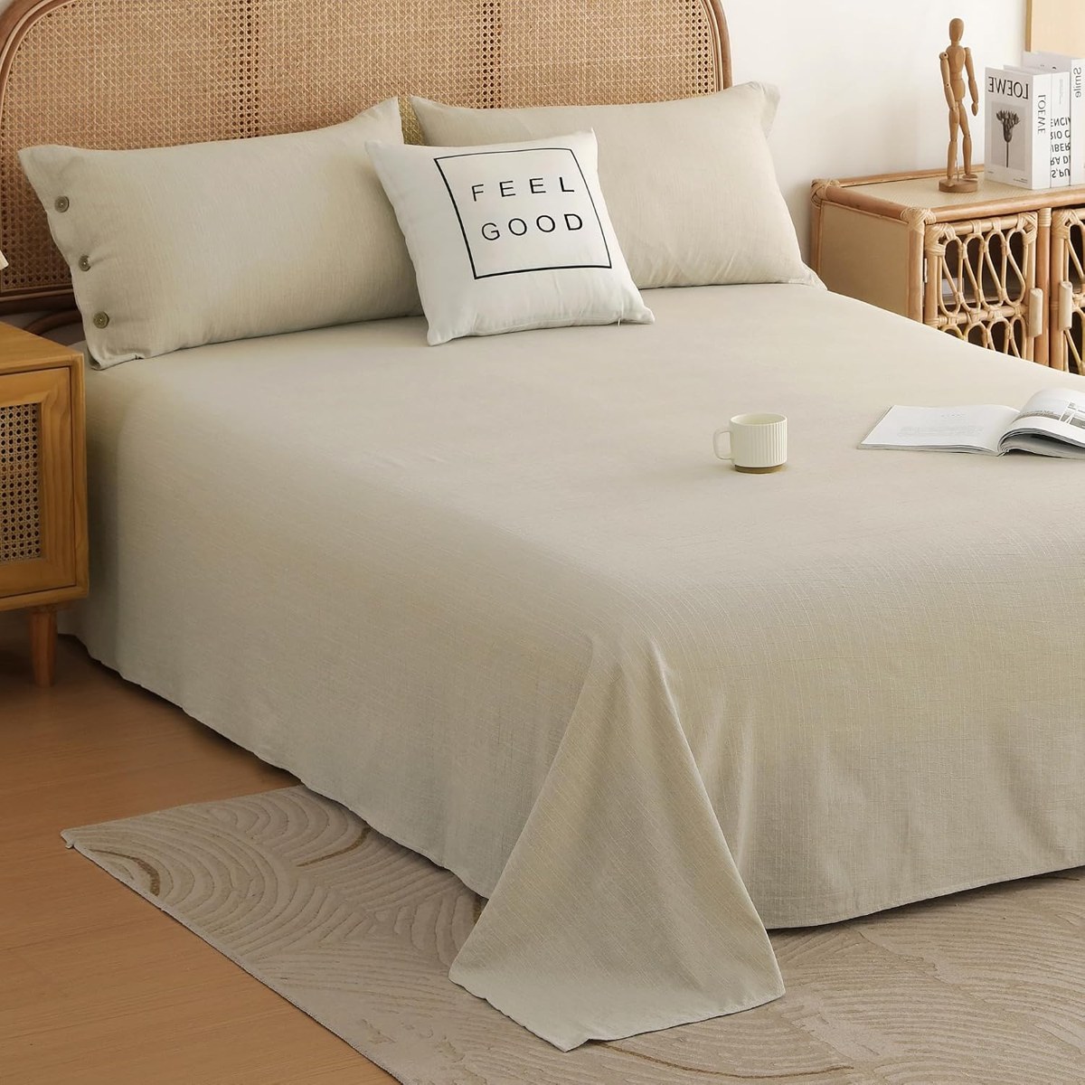 Buttoned Linen King Sheet Set in Sand Beige