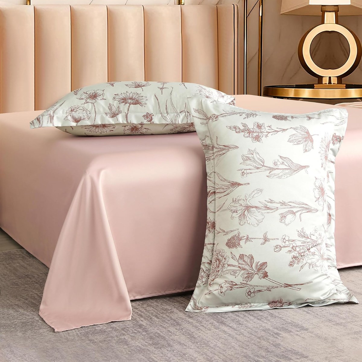 Botanical Satin King Sheet Set in Desert Champagne