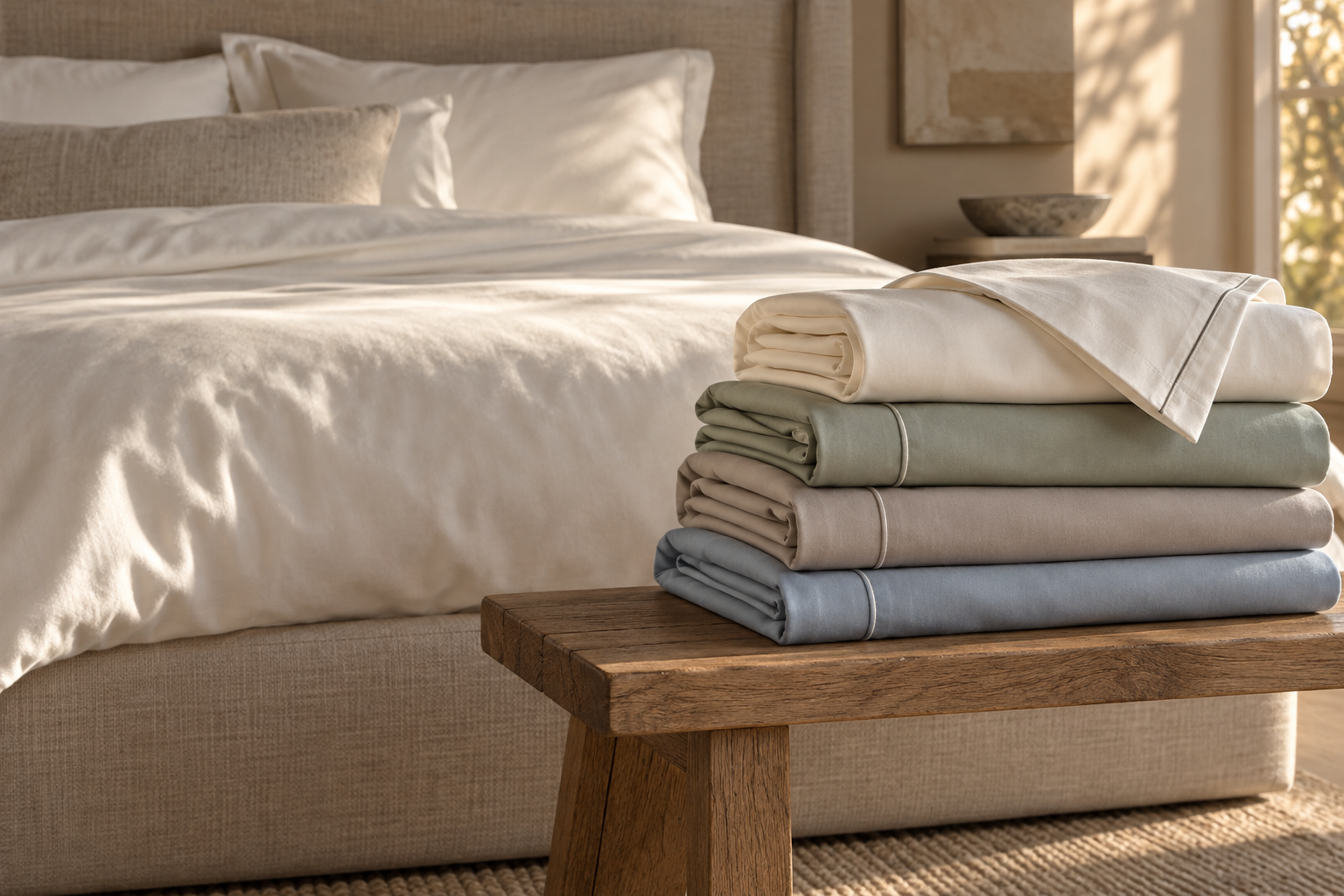 Folded cotton bedding in ivory, sage, taupe and blue